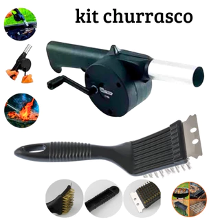 kit Churrasco Assoprador Acendedor Manual + Escova Limpa Grelha C/ Espátula Aço Inox