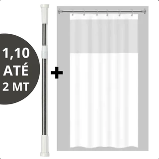 Kit Varão Extensivel + Cortina Box Vinil De Banheiro 1,10m até 2m de inox