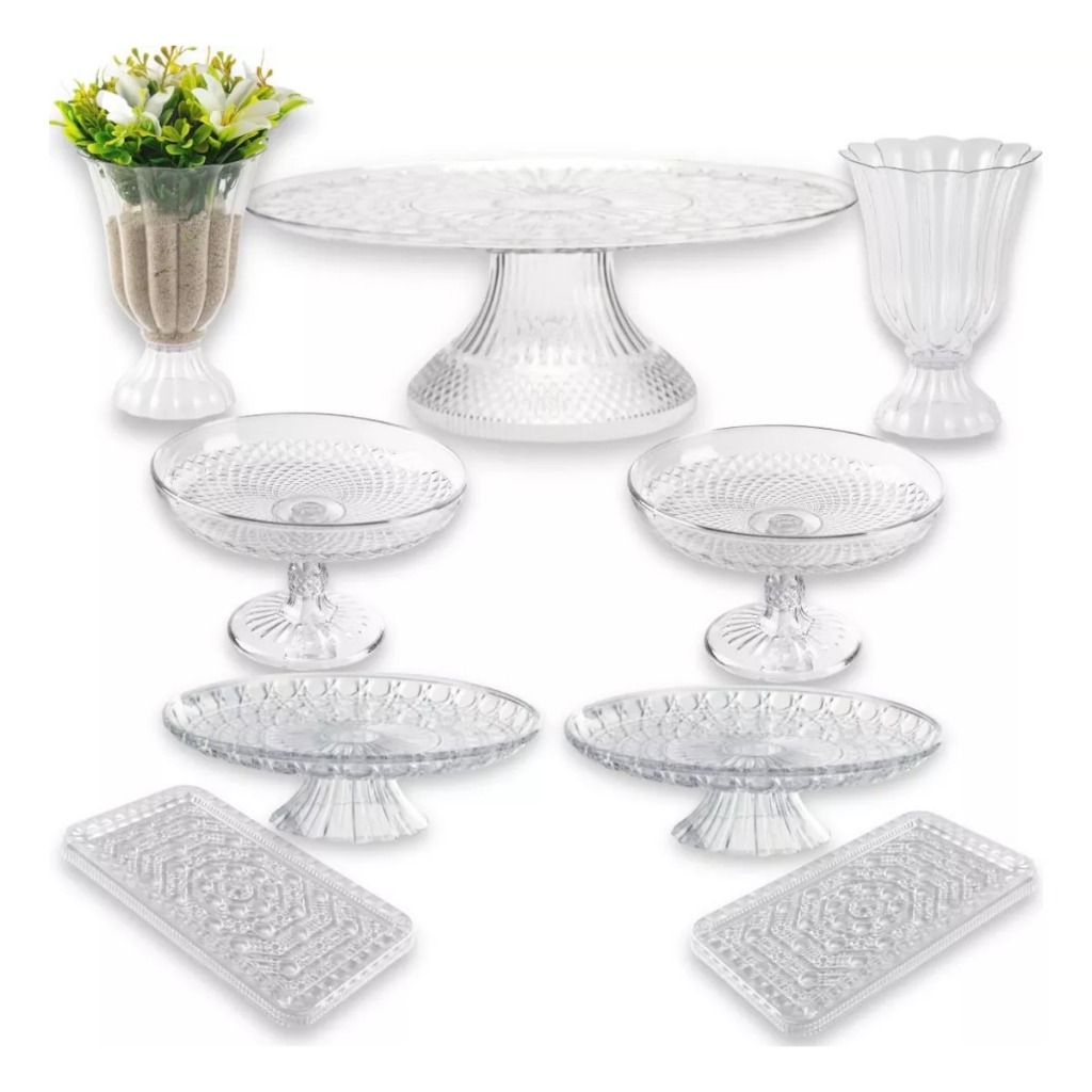 Kit Lap Festa - 1 Boleira 30cm + 2 Vaso Slim + 2 Boleira Lapidada + 2 Doceira Luxo Com Base + 2 Bandeja Retangular Novo