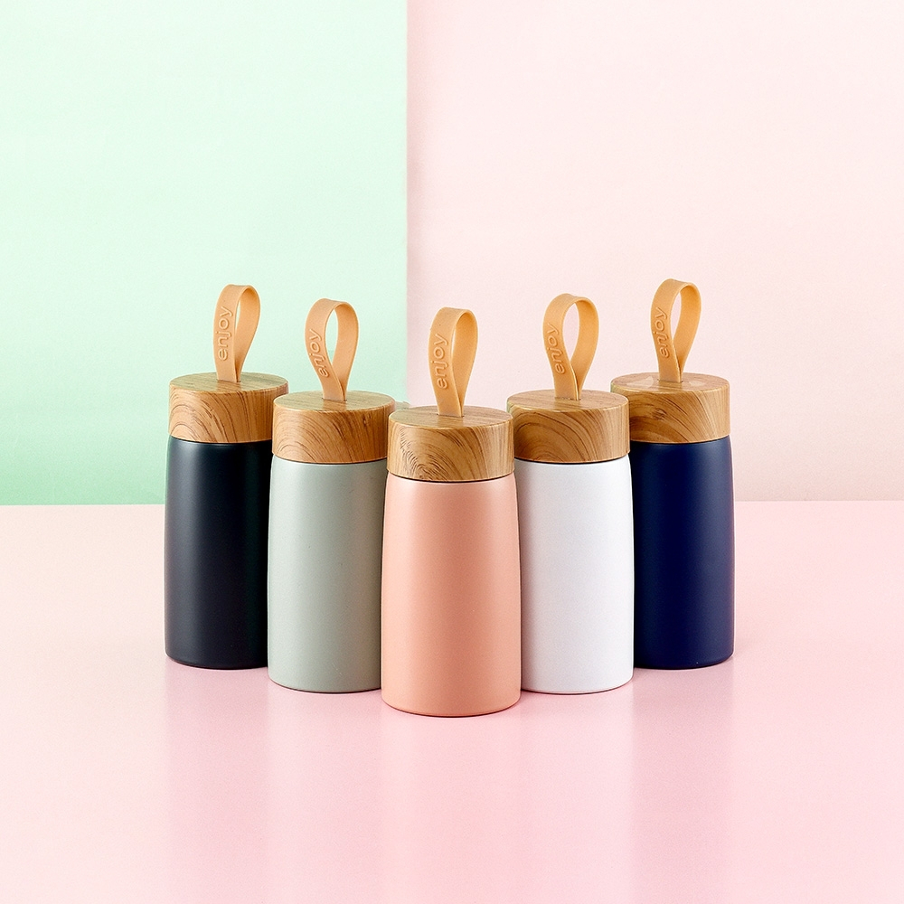 Garrafa Térmica Inox 250ml Tampa Bambu C/ Alça Clean Mini Enjoy Escola Feminina