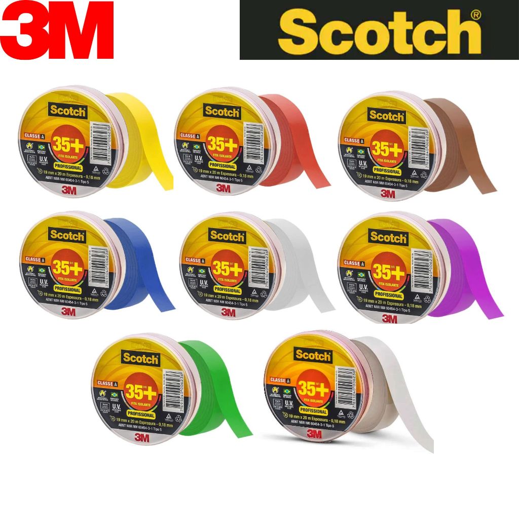 Fita Isolante Scotch 35+ 19mmX20m 0,18mm 750v 3M - Branco / Azul / Amarelo / Vermelho / Marrom / Verde / Violeta / Cinza