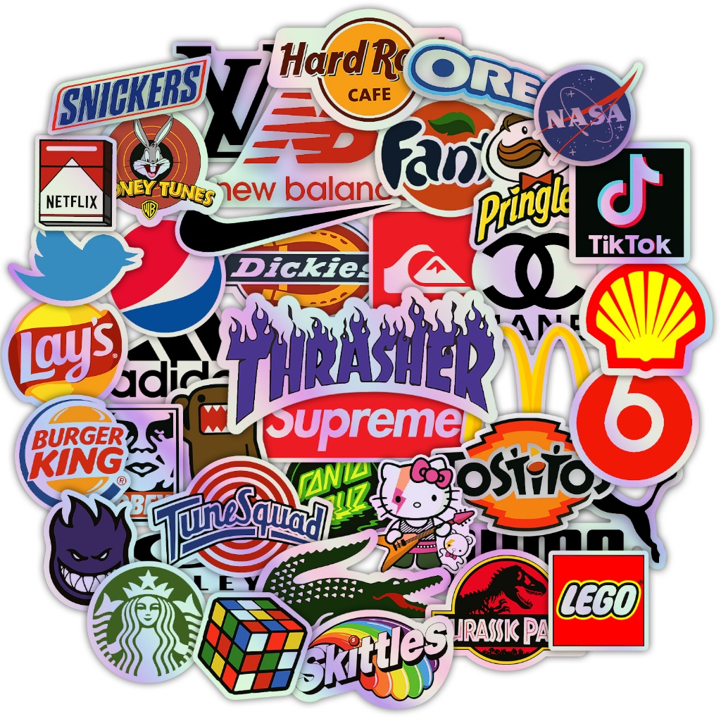 Kit Cartela Com 70 Adesivos Variados Holográfico Marcas Famosas Grife Personagens Animados Para Caderno Notebook Carro Moto Capacete Skate