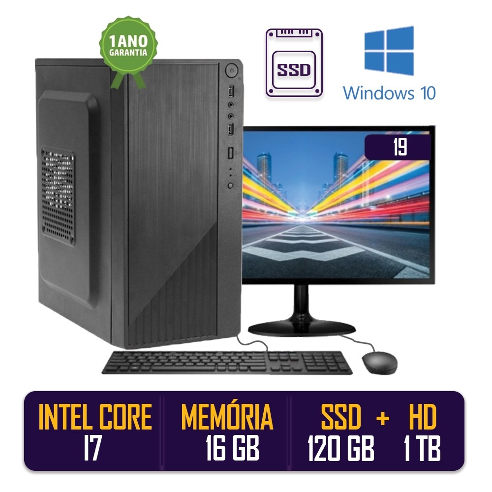 Computador Completo Intel Core I7 16gb de Ram Ssd 120gb Hd 1tb Monitor Led 19" Hdmi + Windows 10