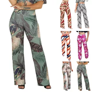 Calça Pantalona Feminina Cintura Alta Suplex Estampado com bolsos Costura reforçada no bumbum