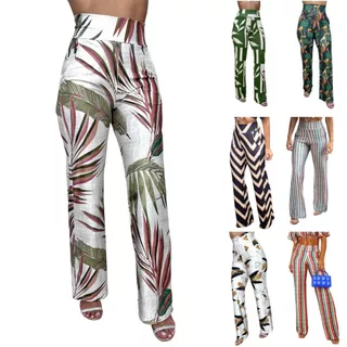 Calça Feminina Pantalona Corte Reto Cintura Alta Cós Reto Suplex Estampado com bolsos Costura reforçada no bumbum