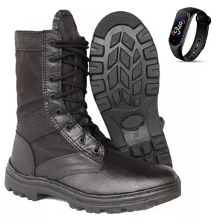 Bota Militar Coturno Masculino Costurado Com Zíper Reforçado Resistente + Relógio