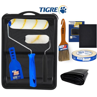 Kit Pintura Parede Completo Rolo Antirrespingo Bandeja Lixa Pincel Lona Fita Crepe Espatula Rolinho anti respingo 10 Pçs Tigre
