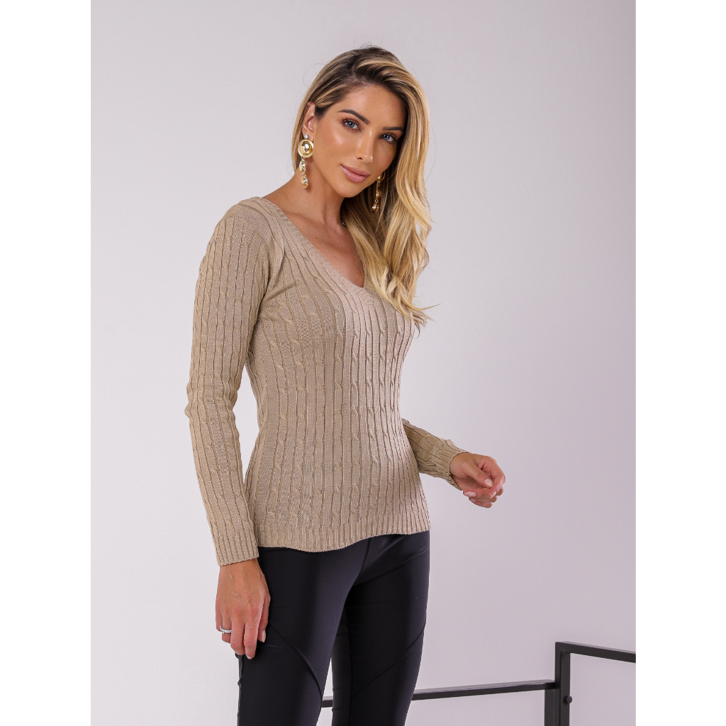 Blusa Suéter Feminina Trico Tricot De Frio Lã Decote Gola V Lisa Basica Manga Longa Outono Inverno e marcio inverno/social /dia dia /chic/casaco/instagram/mulher/classica/estilosa/sobretudo /maxi cardigan