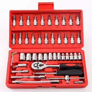 Vermelho Maleta Ferramentas Kit Chaves Jogo Catraca Reversível Soquetes 46 Peças