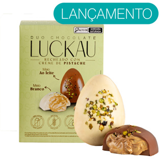 Ovo de Páscoa Duo Chocolate ao Leite e Branco com Creme de Pistache - Sem glúten, lactose e adição de açúcares - Luckau - 300g