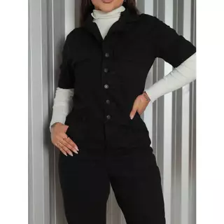 1743 - Macacão Jeans Mom Preto - Feminino