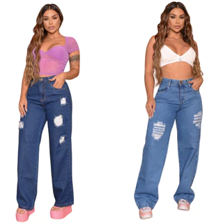 Kit 2 Calça Jeans Feminina Wind Leg Cos Alto Levanta Bumbum Sem Elastano Cintura Alta Calça Jeans Feminina