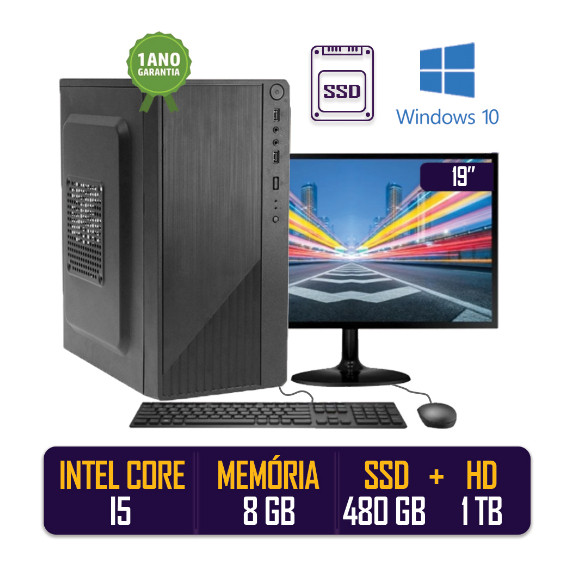 Computador Pc Cpu Completo Intel Core I5 8gb Ssd 480 Gb Hd 1 Tb Monitor 19"