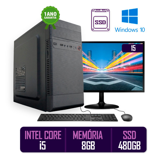 Computador Completo Intel Core I5 8gb Ssd 480gb C/ Monitor Led 15" Hdmi