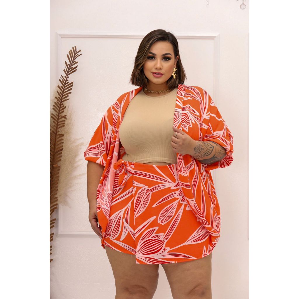 Conjunto Marcela Kimono e short saia Estampado