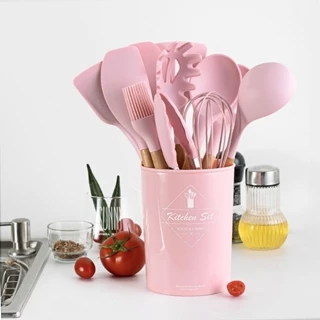 Kit C12Peças Rosa Utensílios De Cozinha Colheres Espatula Silicone Cabo Madeira Decoração