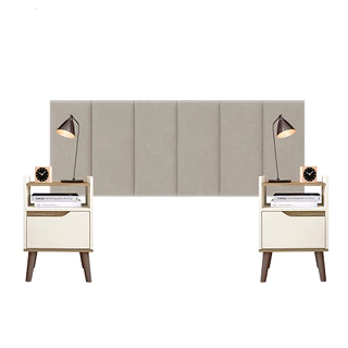 Conjunto Cabeceira Estofada Dubai casal + 2 Mesas De Cabeceira Gabriela Off White Para Cama Box Tamanho1.40 Modelo Suede