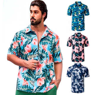 Kit 3 Camisas Camisetas Masculina Manga Curta Estampada Com Botões Social Floral Estilo Havaiana Colorida