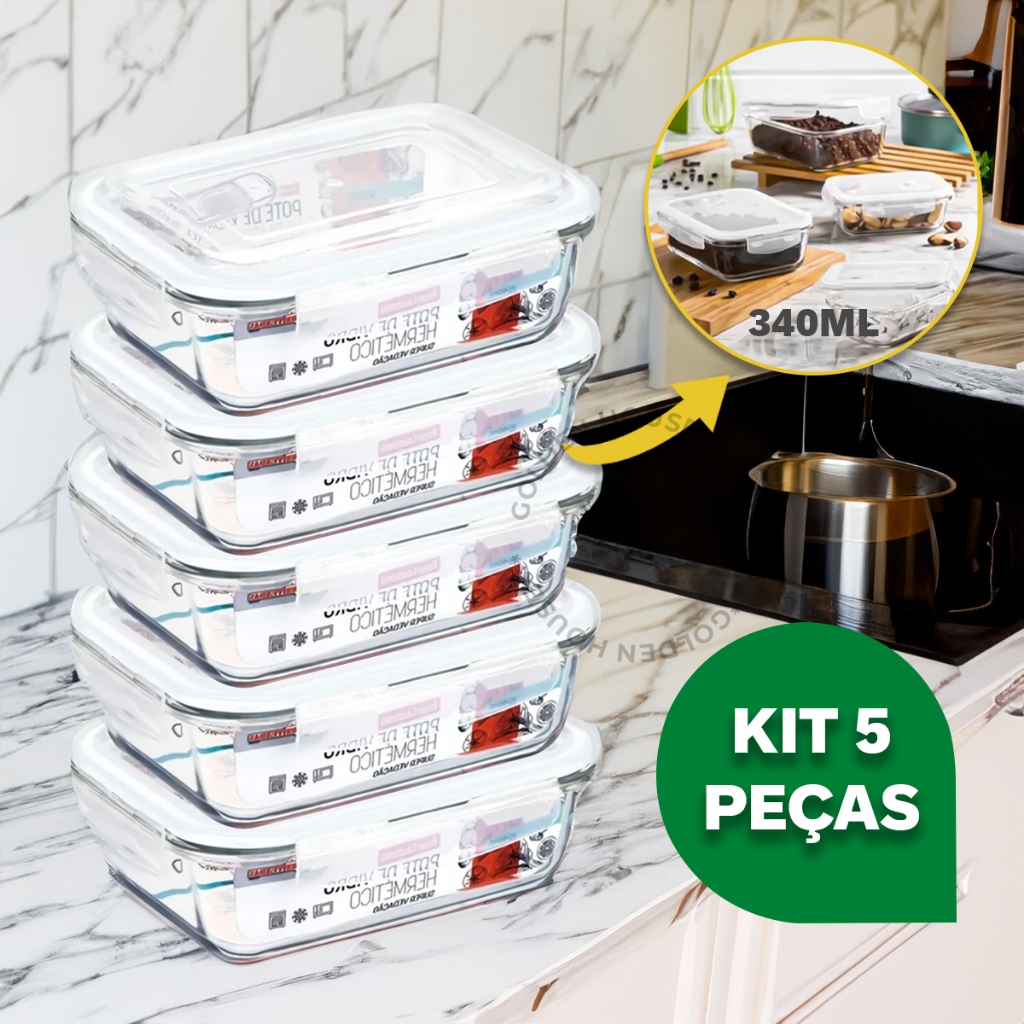 Kit 5 Potes Vidro Hermético Mantimentos Marmita 370ml Premium