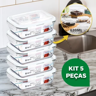 Kit 5 Potes 640ml Vidro Hermético 4 Travas Marmita Premium