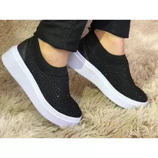 tênis meia calce fácil slipon com strass plataforma femininos
