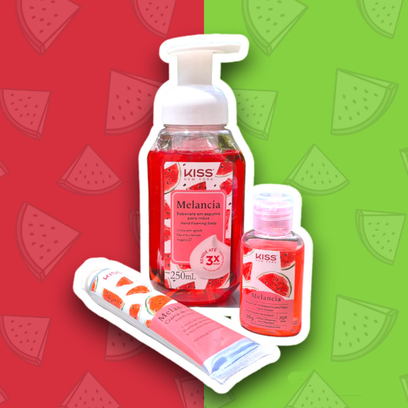 Kit Dia das Mães com Sabonete em Espuma e Creme Hidratante Melancia GANHE o Álcool Gel de Bolsa Kiss NY