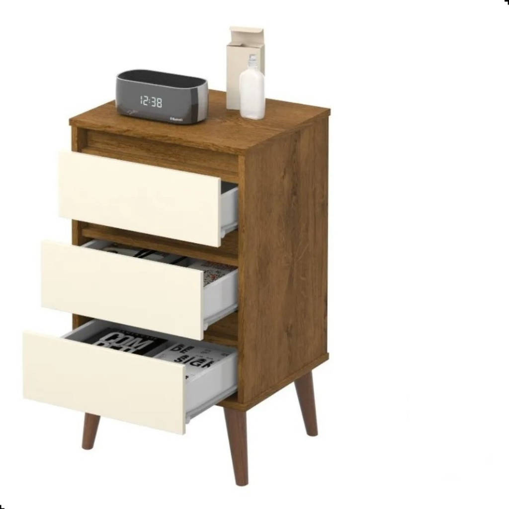 Mesa De Cabeceira Retrô Para Quarto Pés Palito Wood 3 Gavetas - EJ Móveis