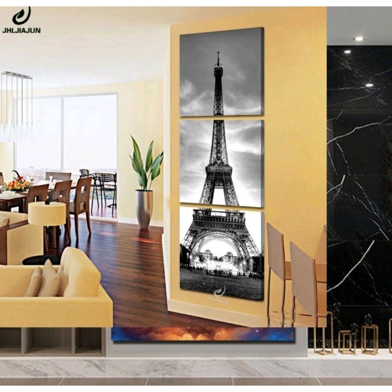 Quadro 3 Peças 40x60 Na Vertical Torre Paris sala quarto