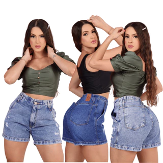 Bermuda Meia Coxa Short Jeans Marmorizado Vintage Cintura Alta Blogueira 100% Algodão Confortavel