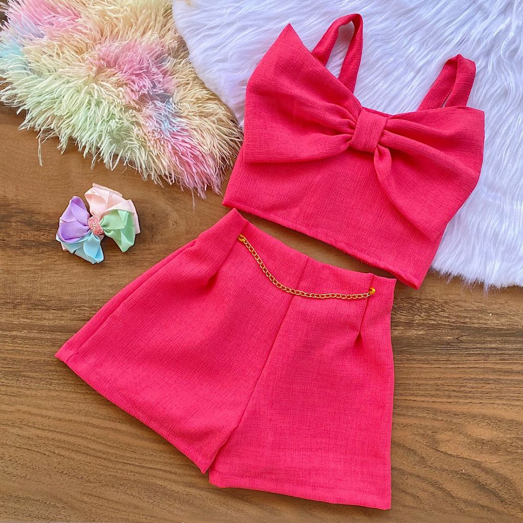 Conjunto Linho Infantil Menina do 2 ao 10 Anos Cropped Laço Moda ...