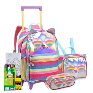 Kit Mochila Escolar Infantil Meninas Gatinha Holográfica com Lancheira e Estojo Brilho Glitter Arco Íris