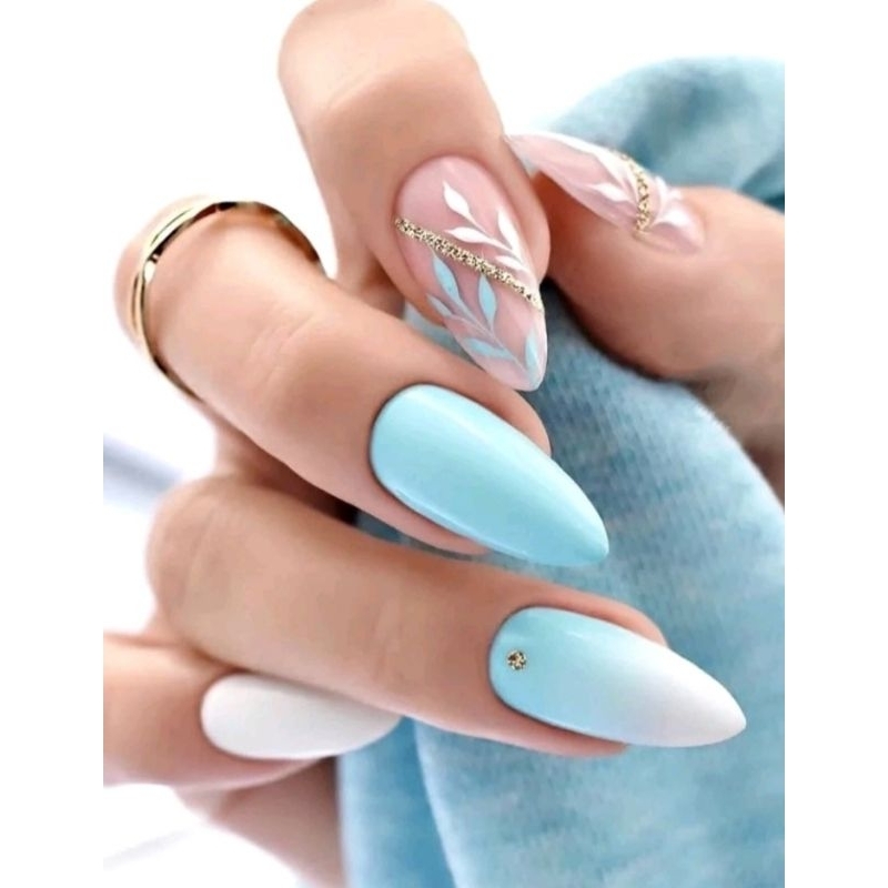 24 Unhas Postiças Decoradas Azul Bebê | Shopee Brasil