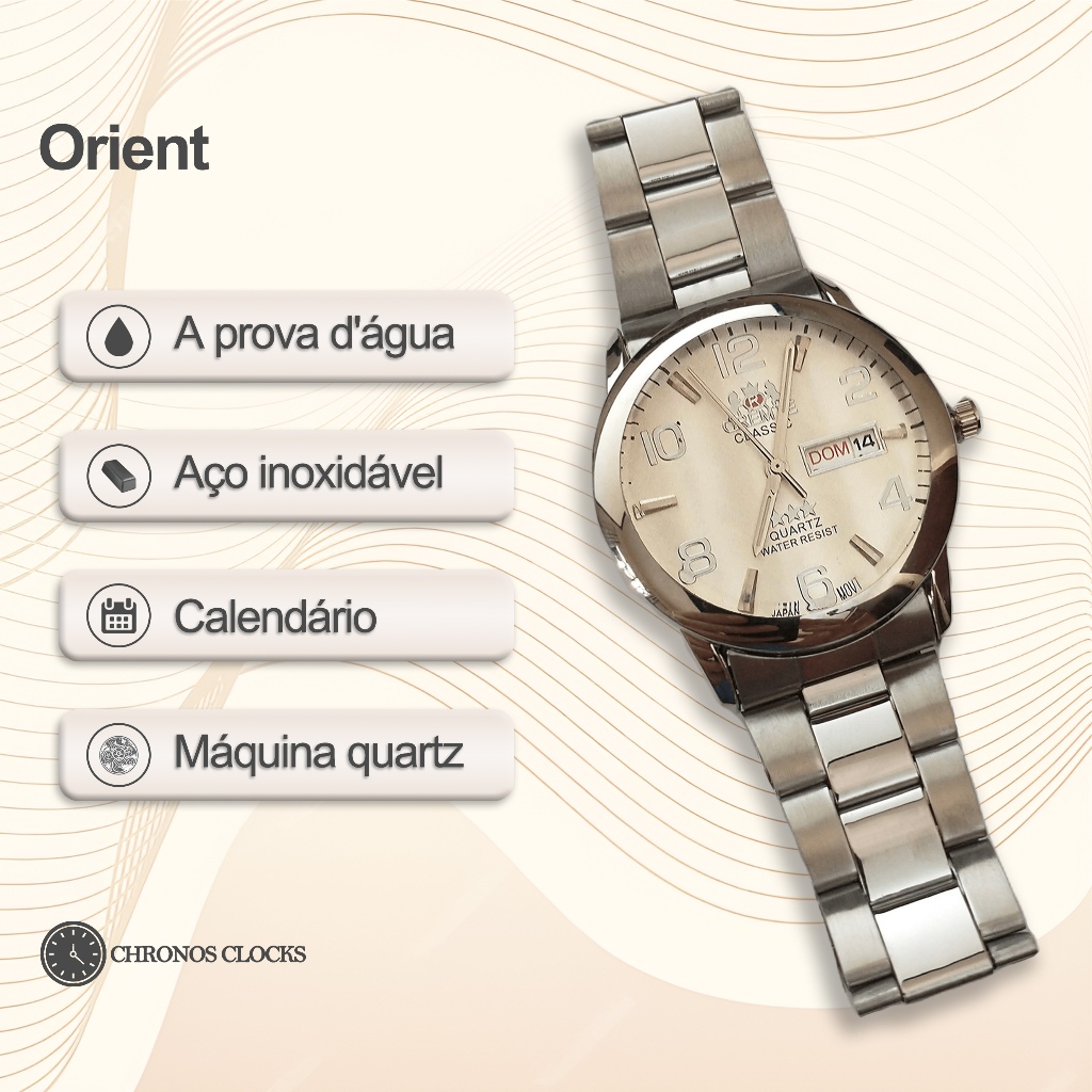 Relógio Masculino Orient a Prova de Agua Pulseira de Aço Inoxidável Dourado e Prata