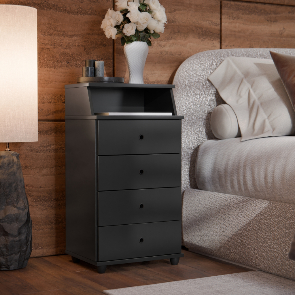 Mesa de Cabeceira Gaveteiro Luxo II com Nicho e 4 Gavetas - Preto
