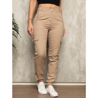 Calça Feminina Sarja Cargo Jogger Com Bolso Lateral Moda Blogueira