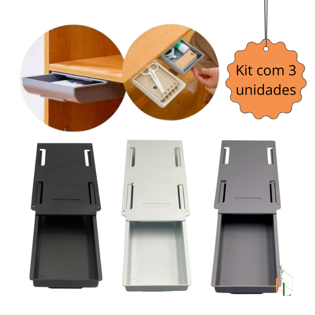 Kit 3 Gaveta Secreta Organizadora Adesiva Multiuso Oculta Cor Sortida