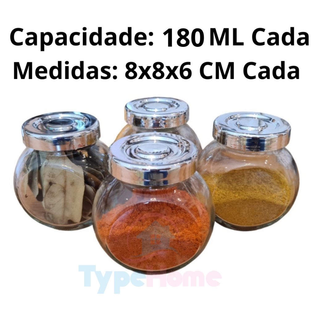 Pote de Vidro Com Tampa Kit 4 Potes de 180ml Organizador de Mantimentos e Condimentos