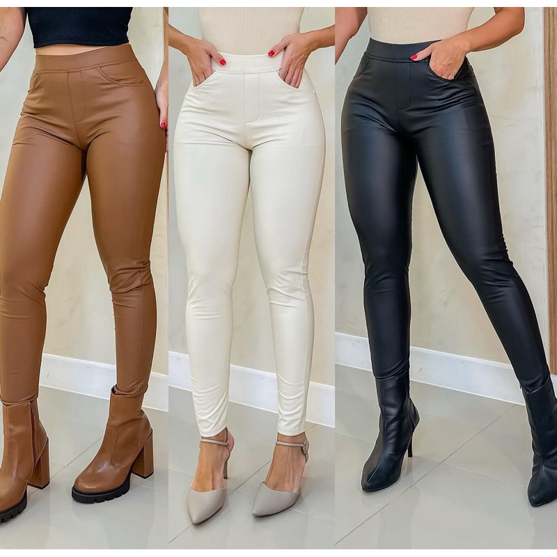 calça couro fake flanelada forrada quentinha skinny montaria