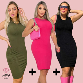 Kit 3 Vestidos Midi Regata Malha Canelado Primavera Verão Feminino Lançamento