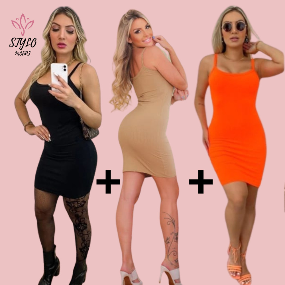 Kit 3 Vestidos de Alcinha Malha Canelado Curto Feminino Tubinho Primavera Verão