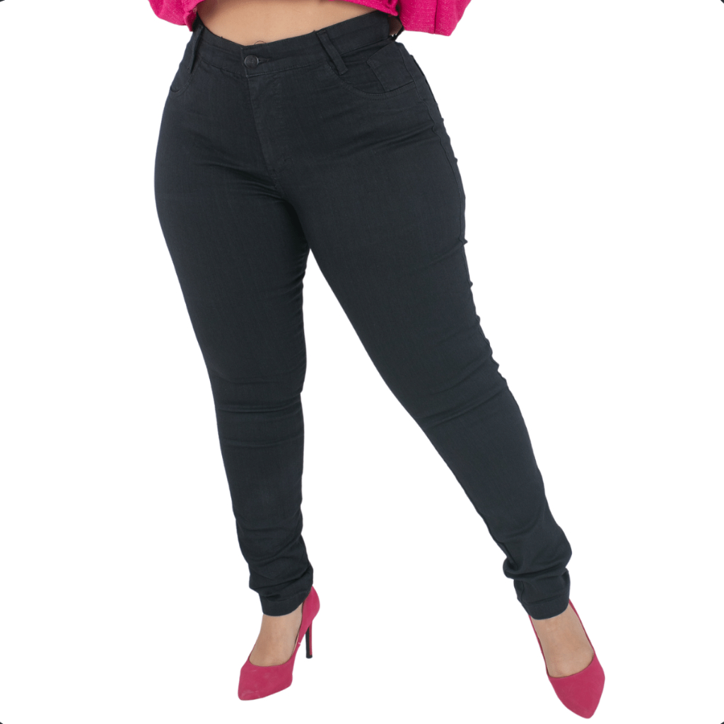 Calça Preta Plus Size Jeans Skinny Feminina Cintura Alta Empina Bumbum Com Lycra Cós Alto