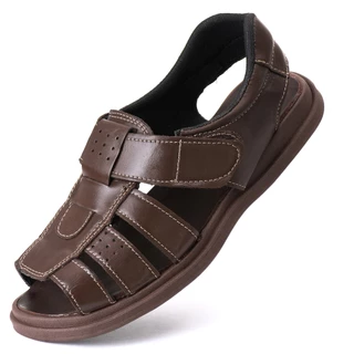 Sandália Masculina Fechada De Couro Legitimo e Solado De Borracha Ante Derrapante, Regulável Por Velcro