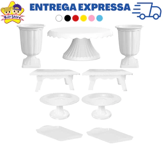 Kit Decoração Boleira Cake Renda 19cm + 2 Vasos Grego + 2 Mesinhas + 2 Bandejas 20x13 + 2 Mini Cake - Diversas Cores