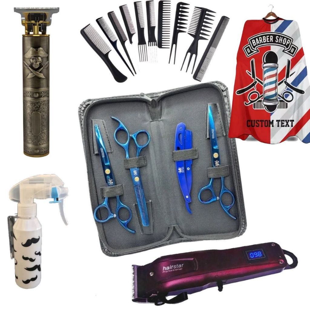 Kit Barbeiro Cabeleireiro Completo 3 Tesouras Azul Profissionais Fio Navalha Fio Laser Desfiadeira Maquina de corte