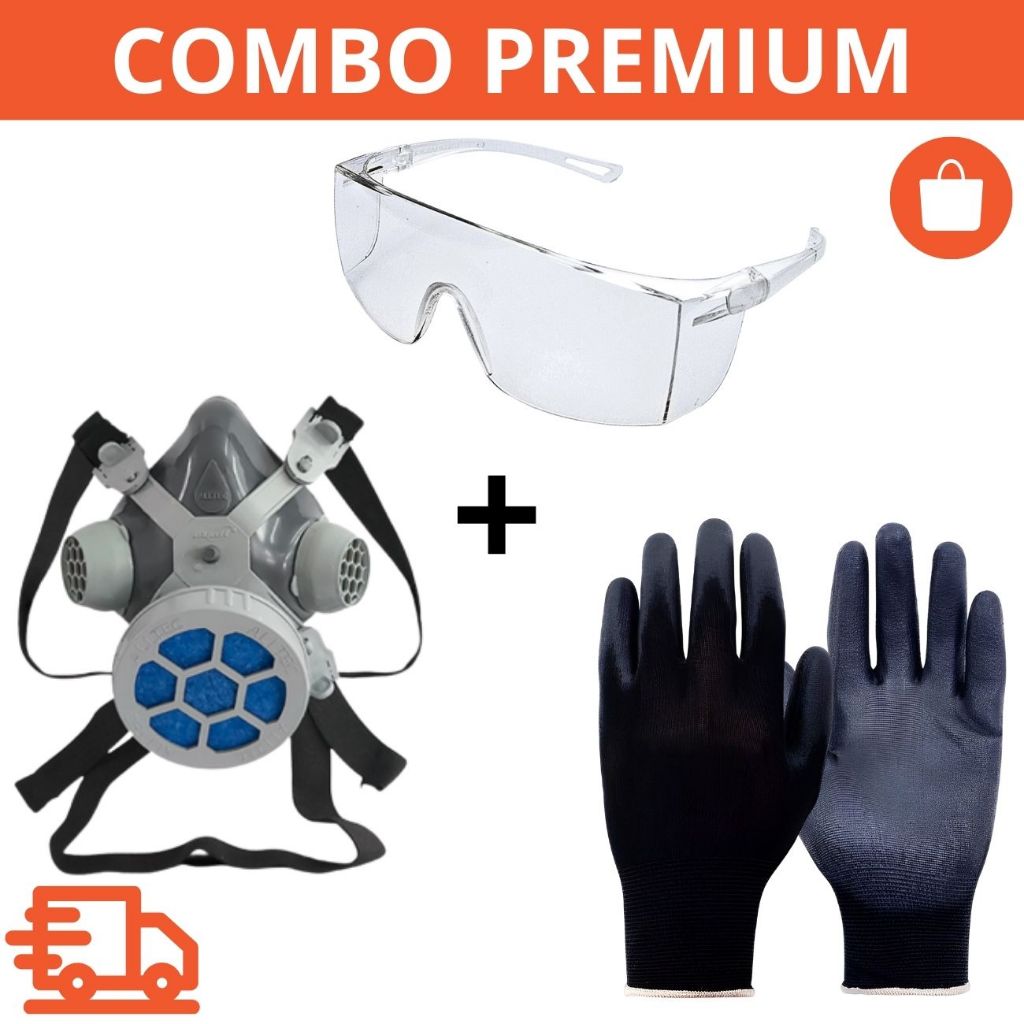 Mascara Respirador Facial Pff2 + Óculos de Segurança Sky Proteção + Luva pu multitato segurança