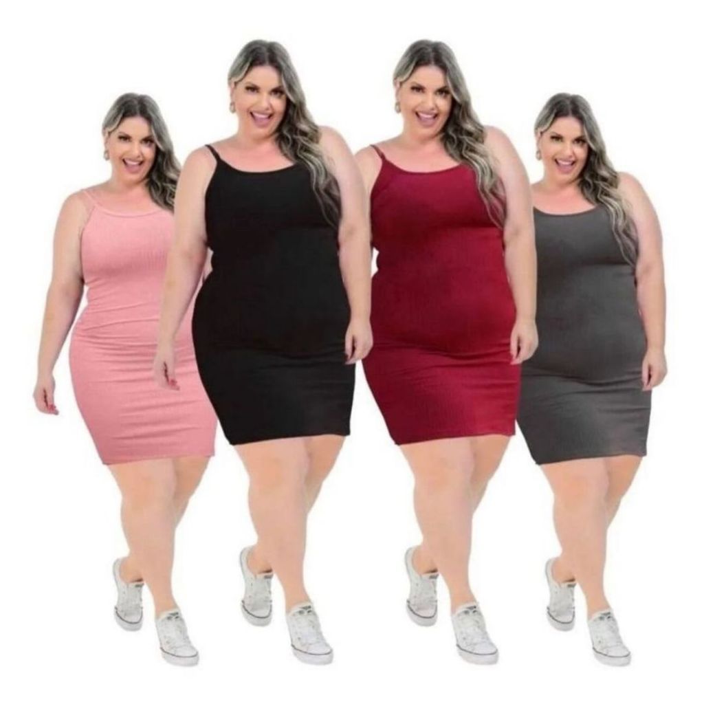 Kit 3 Vestidos Canelado De Alcinha Cores Variadas Veste Até o 48 Plus Size Feminino
