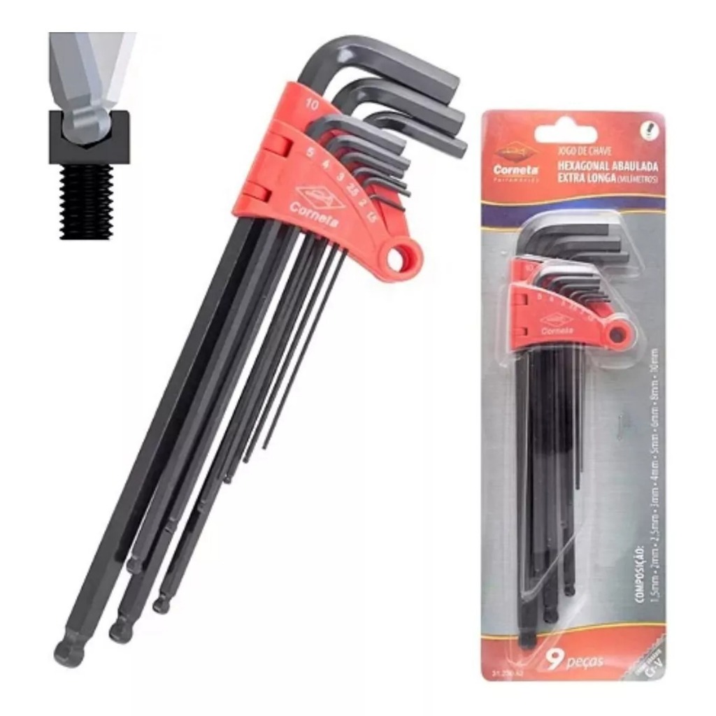 Kit De Chave Allen Longa 1,5 A 10mm Com 9 Peças Corneta
