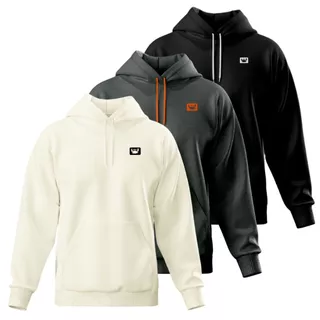 Kit 3 Blusa de Frio Moletom Canguru Fechado Com Capuz Relaxado