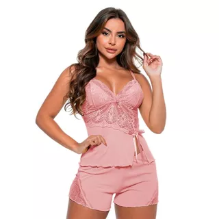 Baby Doll Sensual Sem Bojo Microfibra de Poliamida com Recorte Lateral Detalhado em Renda e Alças Reguláveis Pijama Feminino Adulto
