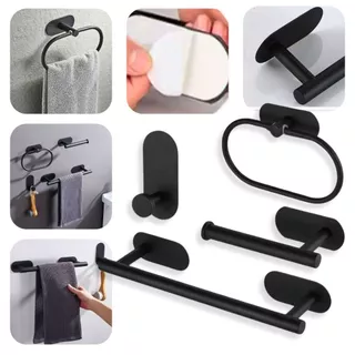 Kit de Acessorios Banheiro Lavabo em Metal Cor Preto c/ Adesivo 4pçs (Porta Toalha Barra, Porta Toalha Argola, Papeleira Porta Papel Higiênico, Gancho Multiuso)